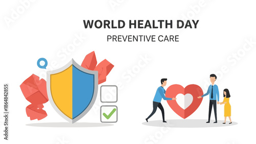 World health day concept with shield and heart, preventive care and protection, healthcare and wellness, safety and security with people