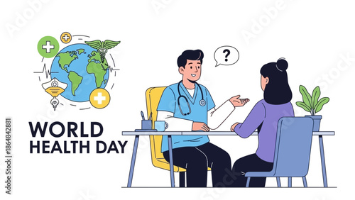 World health day illustration of doctor and patient discussing health over table with global health symbols with medical with healthcare