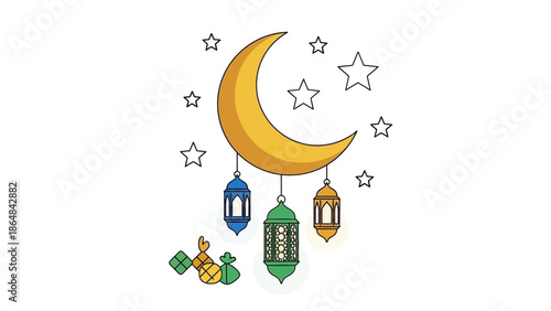 Islamic crescent moon with colorful lanterns and stars, eid mubarak celebration symbol, ramadan kareem background element with festive