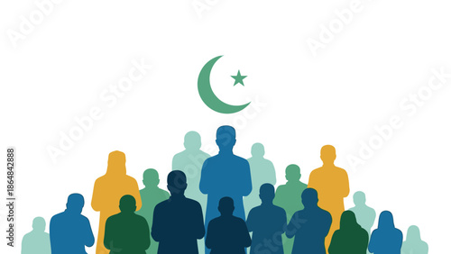 A diverse crowd of people in various colors under a green crescent moon and star symbol representing unity and community with cultural