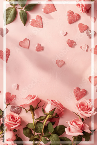 Romantic soft pink background with delicate glitter hearts and freshly bloomed pink roses scattered across the scene, capturing the essence of Valentine's Day mood, with a warm and inviting ambiance