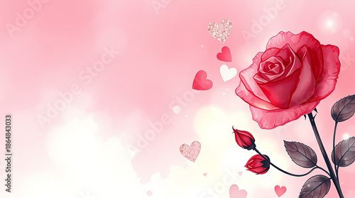 Romantic soft pink background with delicate glitter hearts and freshly bloomed pink roses scattered across the scene, capturing the essence of Valentine's Day mood, with a warm and inviting ambiance