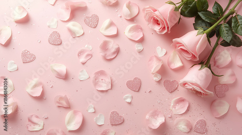 Romantic soft pink background with delicate glitter hearts and freshly bloomed pink roses scattered across the scene, capturing the essence of Valentine's Day mood, with a warm and inviting ambiance
