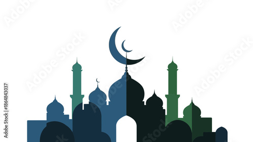A serene silhouette of a mosque cityscape with crescent moons at dusk, symbolizing faith and spirituality in a peaceful islamic