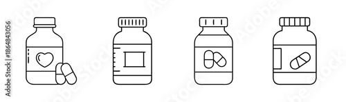 Medicine bottle and capsule icons with heart symbol