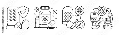 Healthcare and medicine icons, with pills, bottles, and safety symbols on white