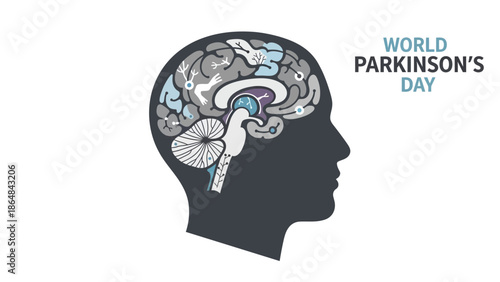 World parkinson's day awareness illustration with human head and brain showing neurological elements and symbols on white with neurology