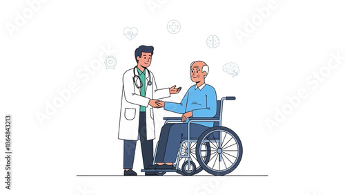 Doctor in white coat giving medical information to senior man in wheelchair, healthcare and assistance concept, medical with support