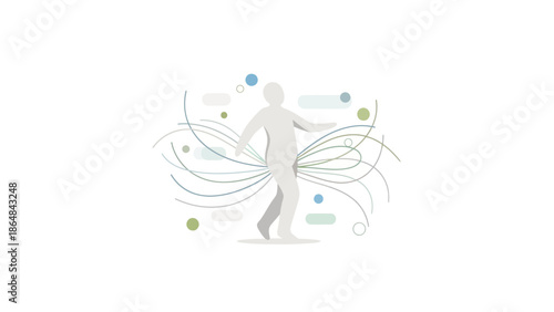 A gray silhouette of a person standing with arms outstretched surrounded by dynamic lines and colorful dots on a white with creativity