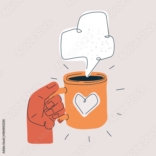 Cartoon vector illustration of a hand holding a cup of tea, metaphor of warmth, pause, and quiet comfort