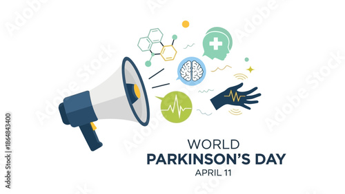 World parkinson's day awareness illustration with megaphone and brain, medical symbols, april 11 health event with World with healthcare