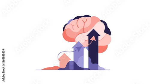 A brain with arrows rising upwards, symbolizing growth, progress, and innovation in business and technology, with a modern with success