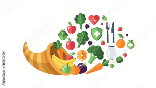 Abundance of fresh fruits and vegetables spilling out of a cornucopia with healthy eating symbols with fresh produce and food with apple