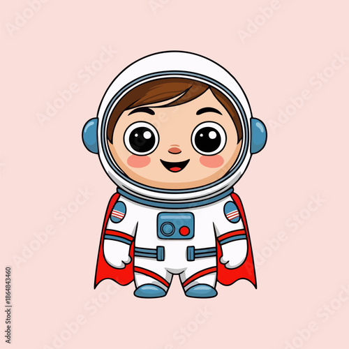 A joyful adorable cartoon child in a powerful space suit is happily prepared for incredible galactic adventures that await.