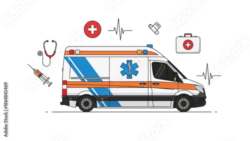 Emergency medical services vehicle with medical symbols and equipment, ambulance with stethoscope, syringe, and first aid kit with 救急車