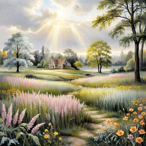 Sunny Meadow Path Leading to a Charming Rural House