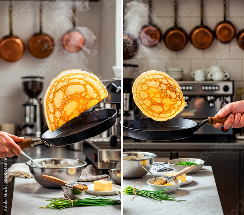Flipping crepe in kitchen with steam rising from pan
