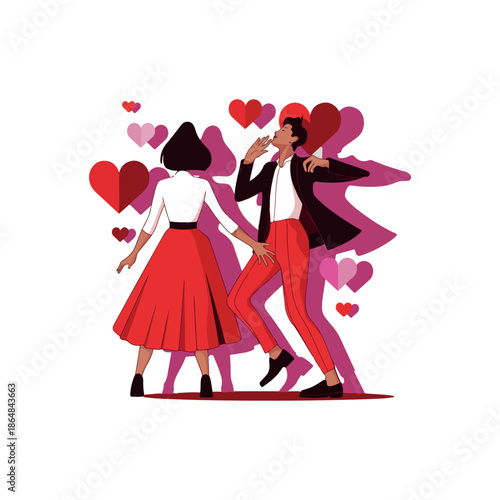 Modern Mardi Gras Festival Vector Design of Two People in Bold Red Fashion with Playful Geometric Hearts