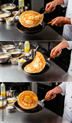 Chef flipping crepe in a professional kitchen with cooking tools  