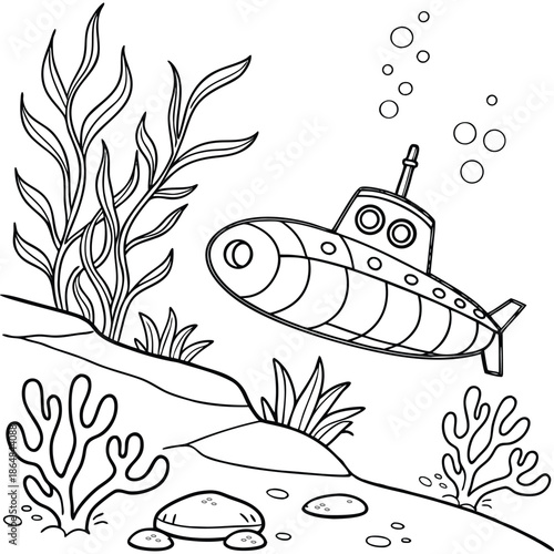 Illustration of Underwater Submarine Adventure Coloring Page