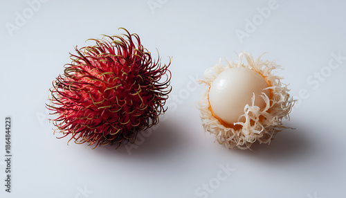 A peeled rambutan reveals its juicy white flesh beside a spiky red shell bursting with tropical allure isolated white background
