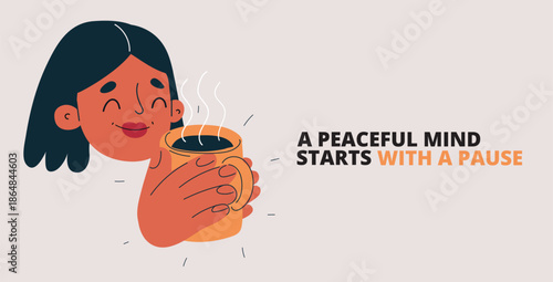 Cartoon vector illustration of a woman holding a coffee cup in her hands, metaphor of warmth, comfort, and peaceful moment