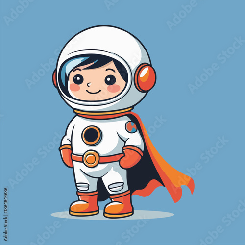 The adorable little astronaut superhero character is proudly standing ready for great cosmic exploration and discovery success.