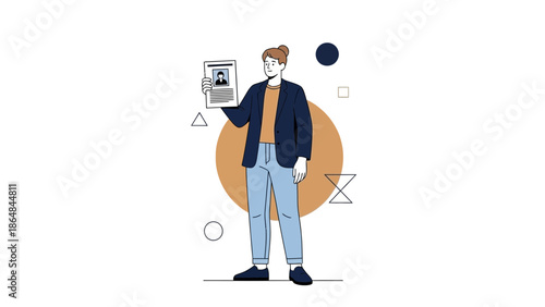 Stylish Young Woman Holding a Resume or ID Card in a Modern Minimalist Illustration