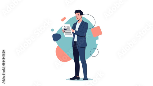 Professional man reviewing digital resume on tablet with abstract background for modern job