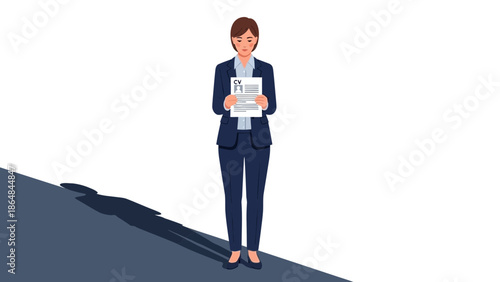 Professional woman in formal attire reviewing a CV with confidence and focus