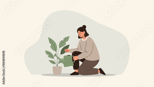 Illustration of a woman caring for indoor plant in a minimalistic style for home gardening
