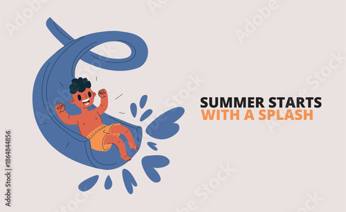 Cartoon vector illustration of a boy sliding down a water slide, metaphor of fun, adventure, and playful summer