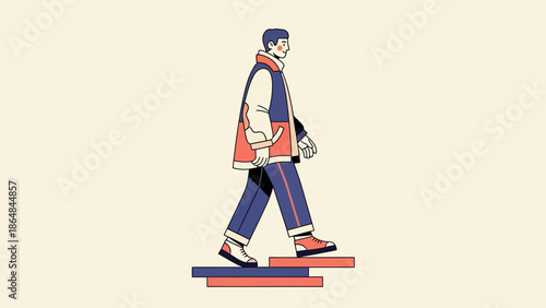 Stylish young man walking on stairs wearing casual modern clothing minimalist illustration