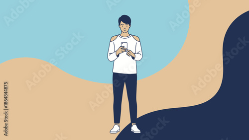 Young man standing outdoors using smartphone in a casual setting with colorful background