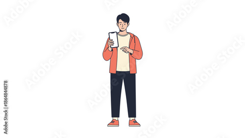 Young man standing outdoors using smartphone with casual attire