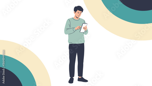 Young man using smartphone in modern minimalistic digital environment