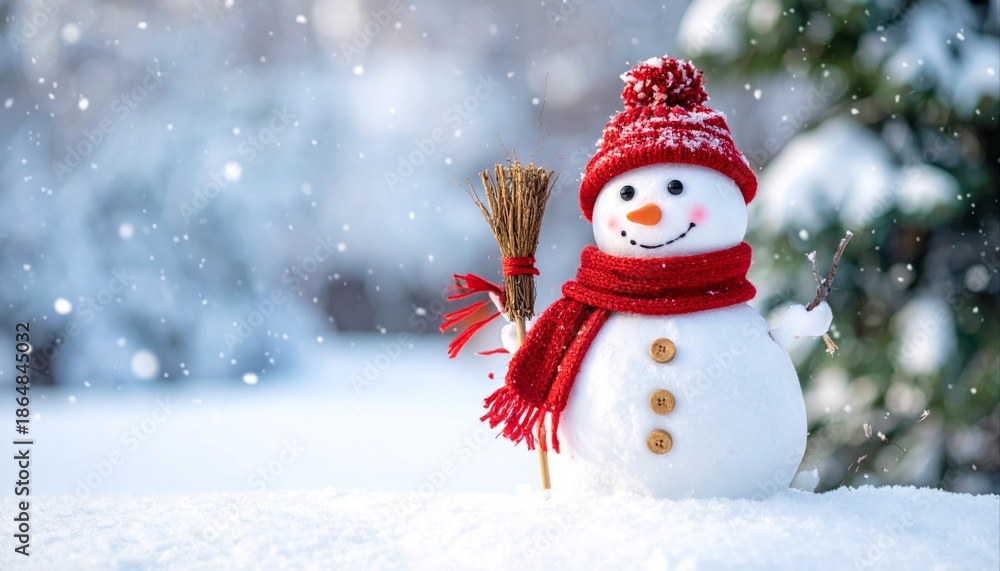 Fototapeta premium Cheerful snowman with red hat and scarf on a snowy winter day scene