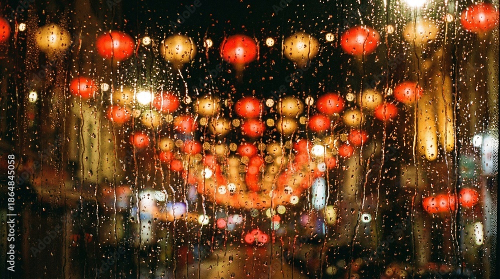 Obraz premium Rainy night view through wet window glass with red and yellow Chinese lanterns and festive street lights blurred into bokeh effect, vintage film grain texture background.