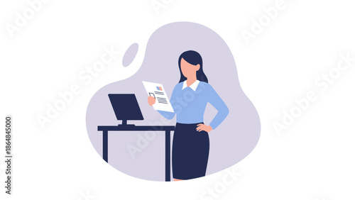 Professional woman working with documents and computer at workspace modern illustration