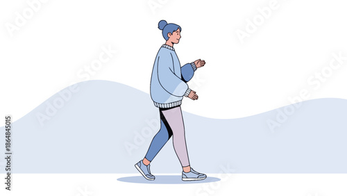 Casual woman walking outdoors in winter season wearing comfortable clothing and sneakers