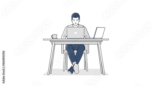 Minimalist Illustration of a Person Working at a Desk with Multiple Devices for Work or Study