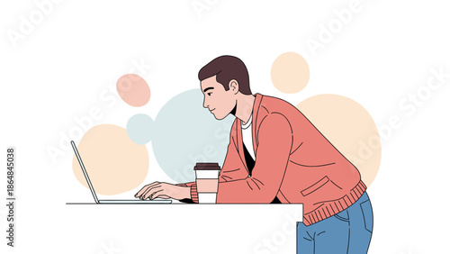 Young man working on a laptop at a clean desk with coffee in a modern illustration