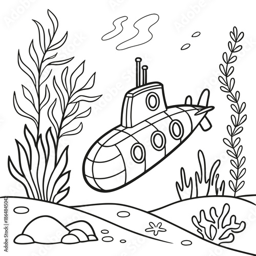 Cartoon Submarine Exploring the Ocean Floor- coloring book page