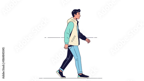 Stylish young man walking casually in modern casual outfit with hoodie and jeans