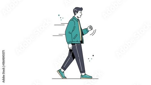 Stylish young man walking confidently in casual streetwear with motion lines and minimalistic