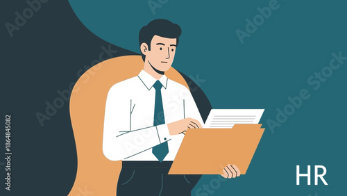 Professional male HR manager reviewing documents in an office setting with minimalistic background