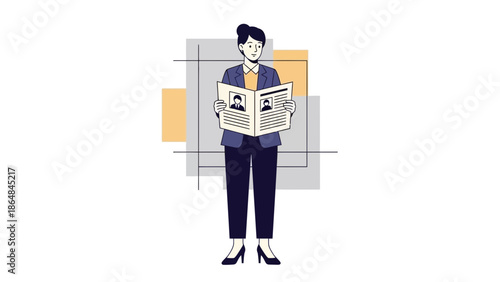 professional woman in business attire reading newspaper with profile photo and headlines
