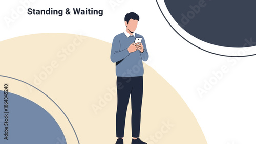 Modern young man standing and waiting outdoors using his smartphone in a casual outfit during