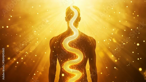 An abstract, spiritual image of a person with a luminous energy stream in the form of a snake or kundalini energy rising up the spine