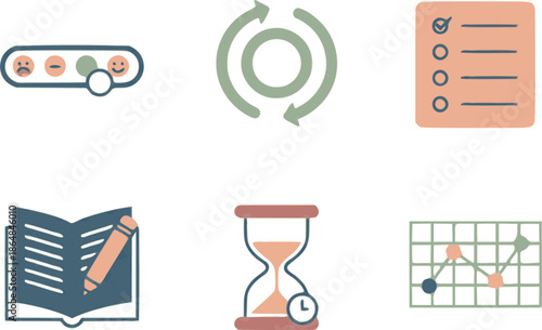 Professional mental health self-care icons. Flat vector set featuring mood sliders, breathing exercises, and journaling symbols. High-quality peach and sage graphics isolated on white background.